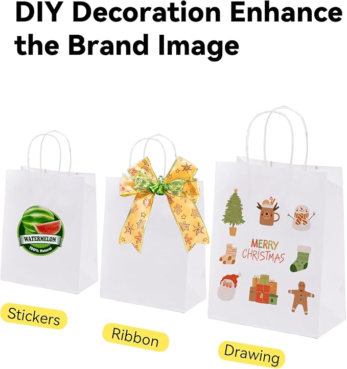 BAG BOX 50 Pack 5.9x3.1x8.25 Inch White Gift Bags with Handles,Bulk Kraft Paper Bags for Shopping, Retail, Merchandise, Wedding, Party Favors, Paper Grocery Sacks