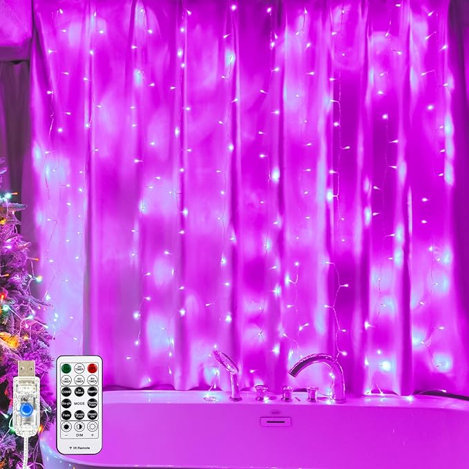 Curtain Light for Bedroom, 200LED 6.6x6.6ft Pink Window Wall Hanging Fairy Curtain String Light, 8 Modes Remote Fairy String Lights Indoor for Wedding Party Home Garden Decorations