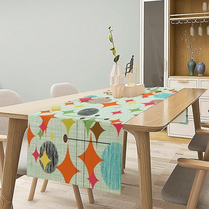 Mid Century Table Runner,Abstract Retro Modern Geometric Colorful Stripe Pattern Print Tablecloth Burlap for Hotel Indoors Outdoor Dining Room Kitchen Holiday Party, 13x60in