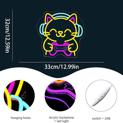 Ineonlife Game Cat Neon Sign for Wall Decor Light Up Cute Animal Led Signs for game room Acrylic Art Decor for home bar bedroom cafe man cave Decorations 12.99x12.6 inch USB POWER
