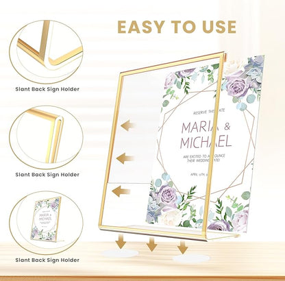 Acrylic Gold Frames 5 x7, Slanted Back Gold Picture Frames Table Acrylic Sign Holder for Photos Wedding Table Numbers and Art Display with Removable Clear Sticky Dots,3 Pack