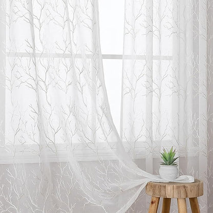 VISIONTEX Sheer Curtains 63 inch Length 2 Panels Set, Decorative Beige Coral Embroidery, Rod Pocket Embroidered Window Drapes for Living Room and Bedroom, 54" x 63"