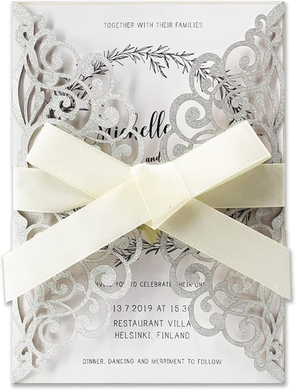 50Pcs Laser Cut Wedding Invitation With Glitter Envelopes And Ribbons Blank Personalized Card Invitaciones Para quinceañera Birthday Baby Shower Christmas Party Bridal Shower (Silver)
