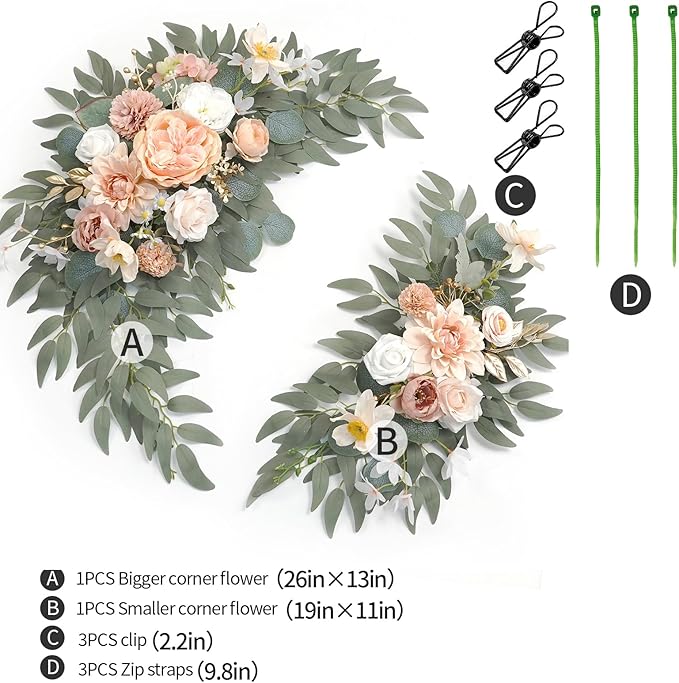 Faux Flower Swag Set of 2 for Wedding Welcome Signs Floral Swag Wedding Reception Ceremony Signs Decor (Champagne & Pink)