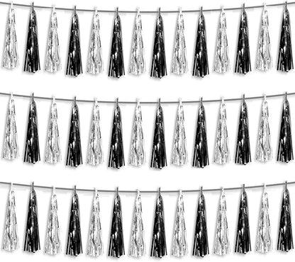 3P Black Silver Foil Fringe Metallic Tassel Streamers Banner Tassel Garland for Parade Floats, Graduation, Wedding, Birthday, Halloween, Christmas, Bridal/Baby Shower Party Decorations