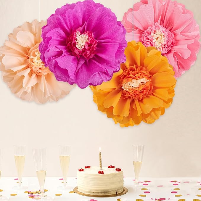 SUNBEAUTY 4 PCS 20" Hot Pink Orange Fall Birthday Party Decorations Giant Paper Flowers Large Crepe Tissue Pompoms Sunset Autumn Women Girls DIY for Wedding Backdrop Bridal Baby Shower Thanksgiving