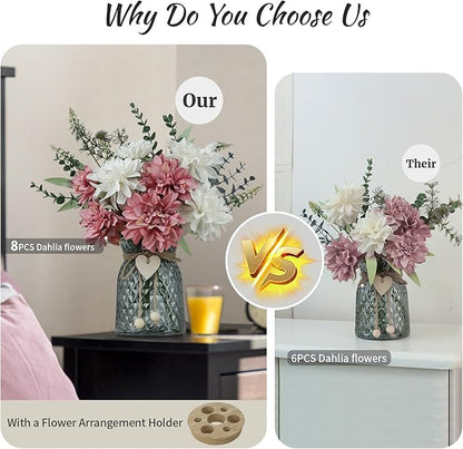 Fake Flowers in Vase,8 Dahlias,Silk Artificial Flowers in Vase,Faux Flowers in Vase with a Flower Arrangement Holder,Centerpiece Table Decorations