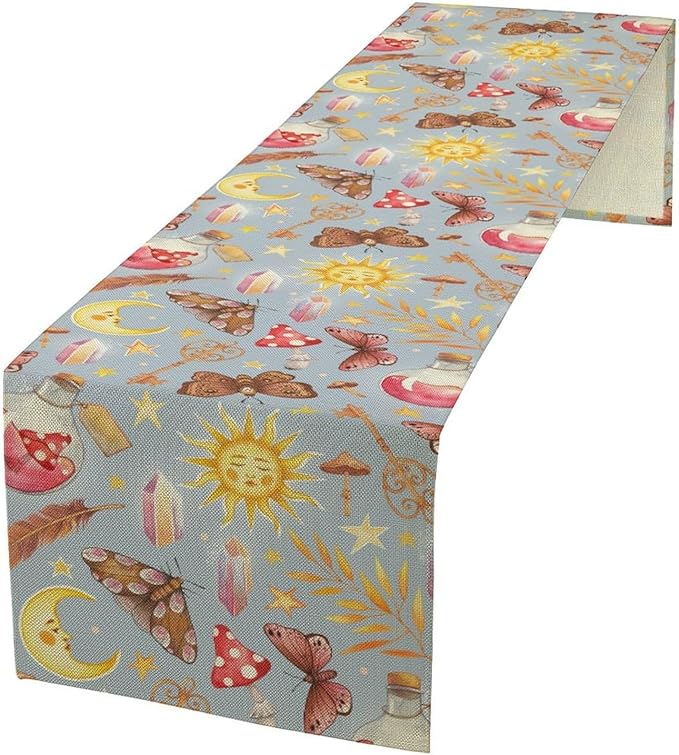 Boho Sun Moon Table Runner Mystical Rustic Butterfly Mushroom Star Table Runner for Kitchen Living Room Dinner Holiday 13x90 Inch