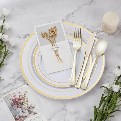 BESTVIP 300PCS Plastic Dinnerware Set (50 Guests), Gold Disposable Plates for Party, Wedding, Christmas, Anniversary, Includes: Dinner Plates, Dessert Plates, Cups, Spoons, Forks and Knives
