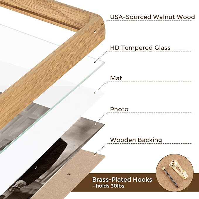 6x8 Frame USA-Sourced Natural Oak Wood Solid Wood Photo Frame Handcrafted Rounded Corner with Mat to 5x7 Picture Frames Display with Real Glass Family Picture, Wedding Picture, Photo, Certificate
