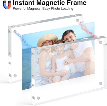 HOUSE DAY Acrylic Picture Frames 4x6, 2 Pack Magnetic 4 x 6 Picture Frame, Double Sided Clear 4x6 Photo Frame with Microfiber Cloth, Frameless FreeStanding 4x6 Frame Gift for Desktop Display