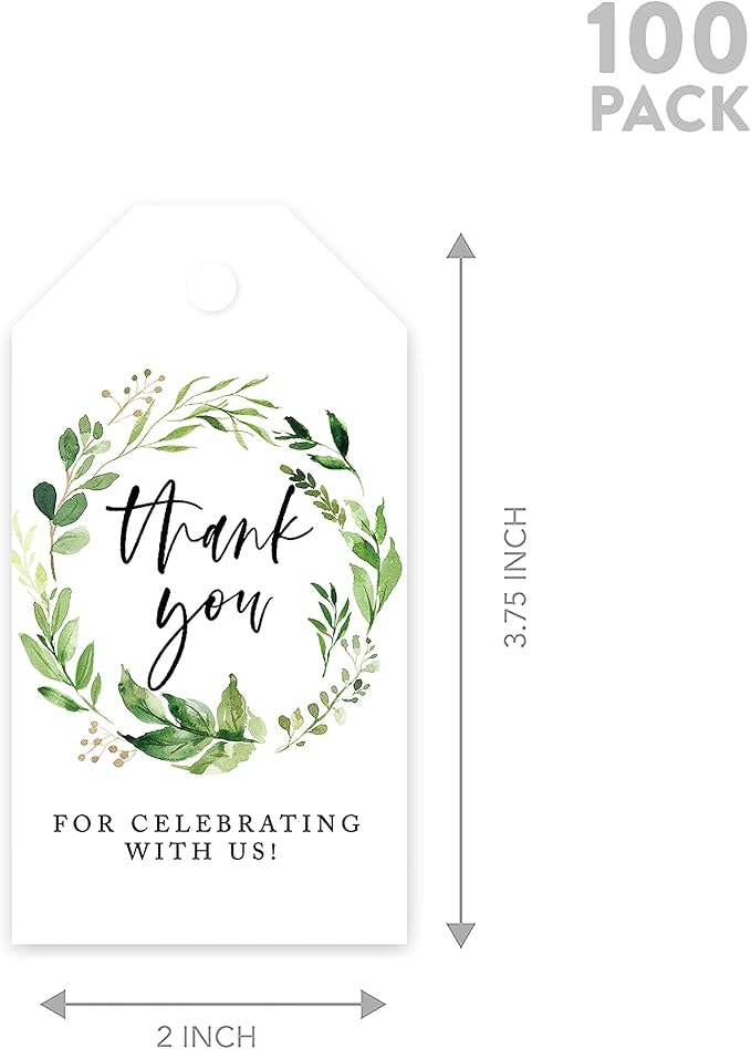 Andaz Press 100-Pack Thank You for Celebrating with Us Favor Tags Greenery Wreath Cardstock Gift Tags with Bakers Twine for Wedding Baby Shower Bridal Shower Birthday Party Favors 2 x 3.75-Inches