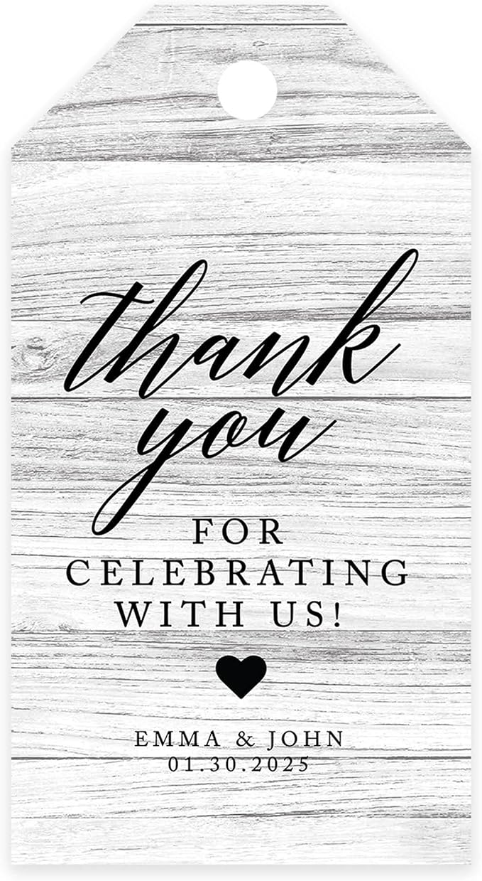 Andaz Press 100-Pack Personalized Thank You Tags with Bakers Twine - Gray Rustic Wood Custom Cardstock Wedding Gift Tags - 2 x 3.75-Inches