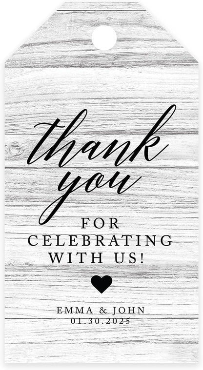 Andaz Press 100-Pack Personalized Thank You Tags with Bakers Twine - Gray Rustic Wood Custom Cardstock Wedding Gift Tags - 2 x 3.75-Inches