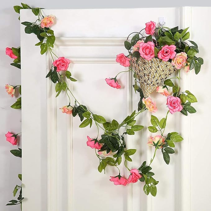 JUSTOYOU Artificial Rose Garland Vines Pink Flowers Hanging Silk Rose Vine for Wedding Home Office Arch Arrangement Decoration 7.6FT(2PCS)