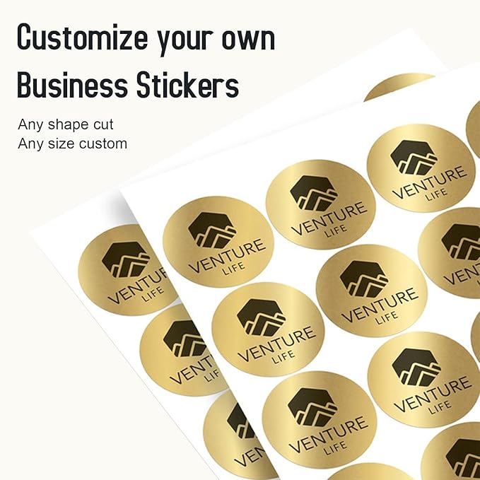 Custom Business Logo Stickers, Personalised Logo Labels - Any Shape, Waterproof, Perfect for Branding & Packaging. Glossy Finish (Golden Lustre)