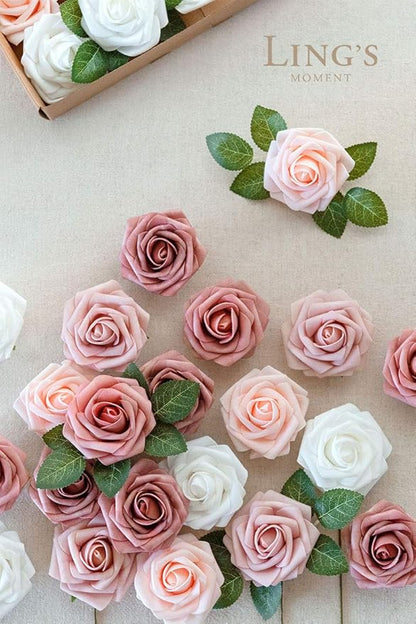 Ling's Moment Artificial Flowers, 25Pcs 3" Roses in Dusty Rose Shades, Realistic DIY Foam Floral Decor for Wedding Bouquets/Centerpieces, Outdoor Party Backdrops, Room/Table, and Garden/Pot Decoration