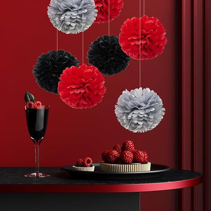 WEVEN Tissue Pom Poms Tissue Paper Flowers Tissue Fluff Balls Party Decorations 12-Inch Pack of 12 (Red, Black, Silver)