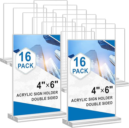 Acrylic Sign Holder 4x6, 16 Pack Clear Double Sided Clear Table Menu Vertical Display Stand Desktop Display Stand Paper Holder Table Sign Holder Suitable for Restaurants Office Store Show Fair