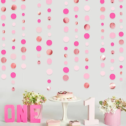Hot Pink Rose Gold Party Decorations Circle Dots Garland Hanging Polka Dot Streamer for Girls Birthday Bachelorette Baby Shower Wedding Bridal Shower Anniversary Hen Party Supplies