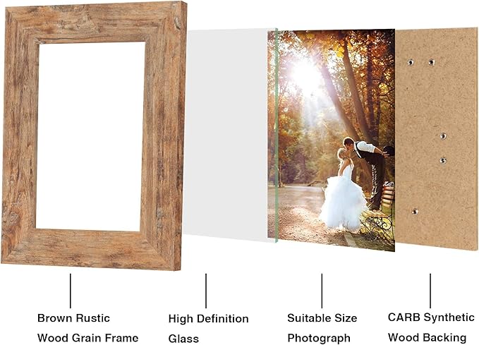5x7 Picture Frame Set of 4, High Definition Real Glass Rustic Brown Frame, 5 x 7 Wood Photo Frames for Tabletop Display and Wall Mounting