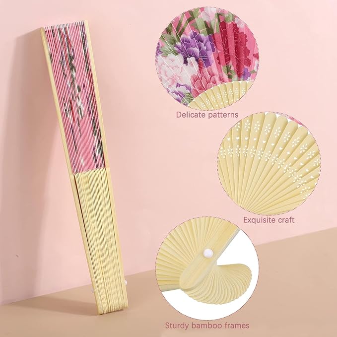 Aodaer 16 Pack Floral Folding Fans Silk Fabric Handheld Fans Vintage Folding Fans for Wedding Dancing Party Favors