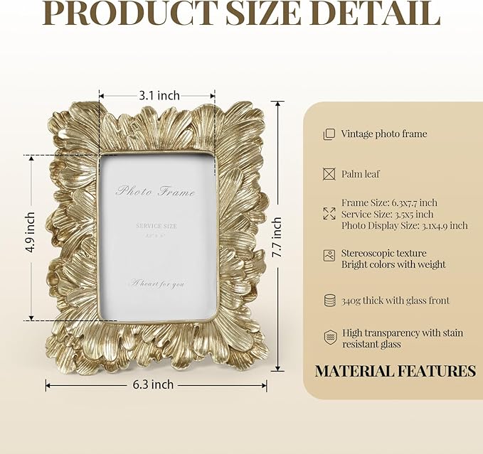 Cuspin Small Gold Picture Frame 3x5 Frames, Vintage Gold Palm Leaves Textured Hand-Crafted Resin with Glass Front Elegant Retro Vintage Design Photo Frame for Wall and Tabletop Display Home Decor