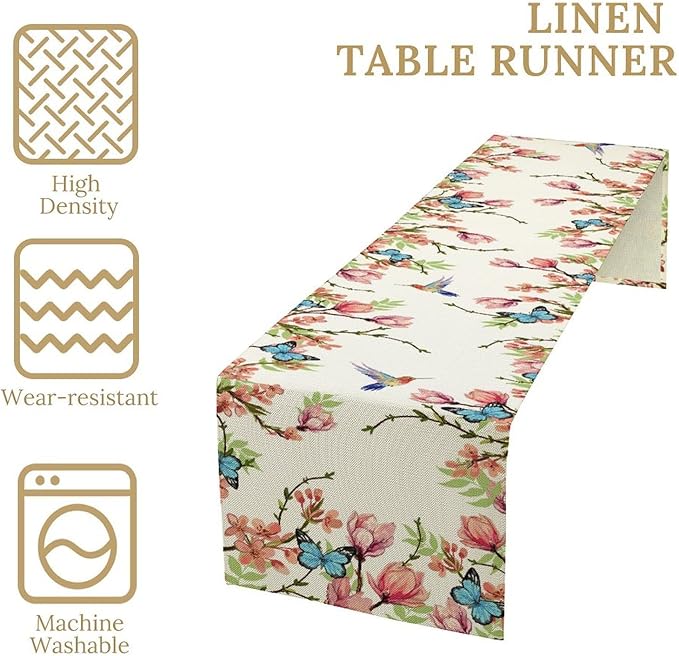 Floral Butterfly Table Runner Seasonal Spring Flower Bird Table Decoration Table Runner for Home Party Decoration 13x70 Inch