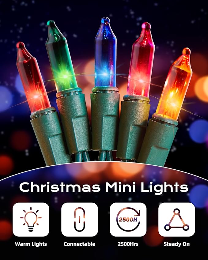 Brightown Multicolor Christmas String Lights, 100-Count 25ft Incandescent Bulb Mini Lights for Indoor Holiday Decor, Christmas Tree Garland Wedding Party Multi-Use Festival Decoration, Green Wire