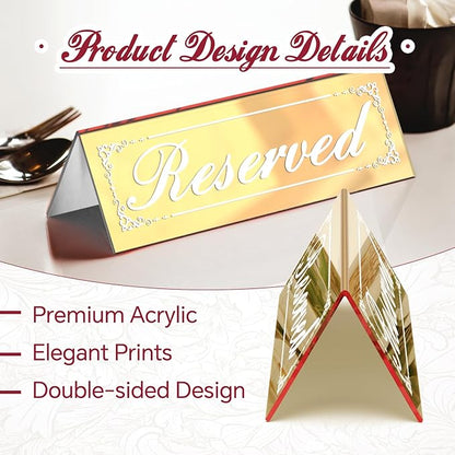 12 Pcs Mirrored Gold Reserved Table Signs, 6" x 2" Double-Sided Table Tent Sign with Suede Cleaning Cloth, Acrylic Reserved Signs for Wedding Restaurant Ceremony Party Banquet