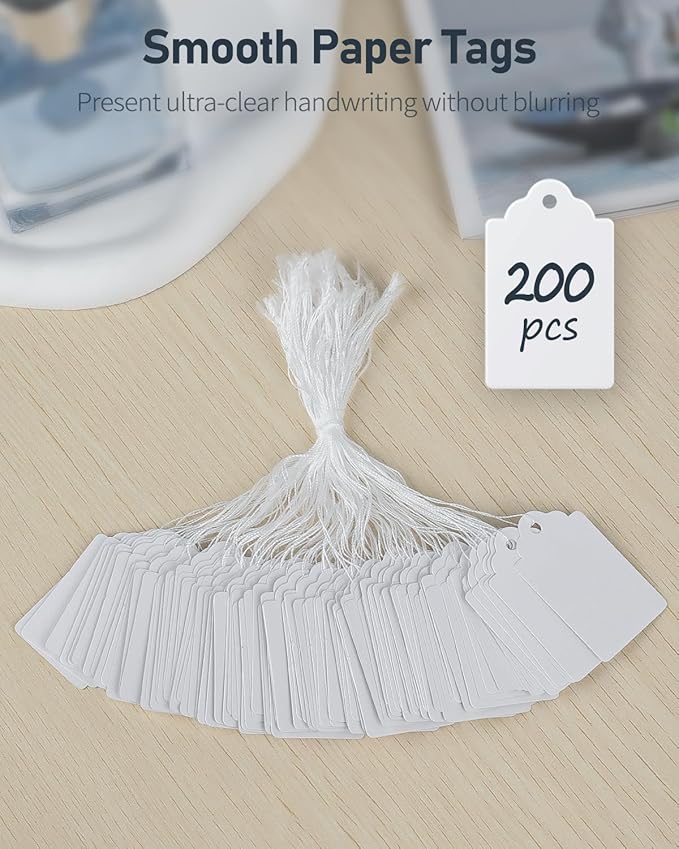 Uniclife 200 Pcs Price Tags 1.8 Inch Writable Price Labels White Price Display Tag for Pricing Clothing Jewelry Gifts Blank Hang Tag Merchandise White Marking Tags with Strings, 1.8" x 1.05"