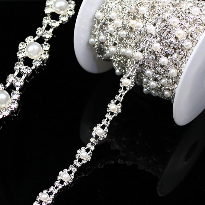 2 Yard Pearl Trim Chain Rhinestone Silver String Crystal Applique Fringe Ribbon Strips Beads Sewing Dress DIY Party Wedding Bouquet for Decoration Bridal Costume Embellishment