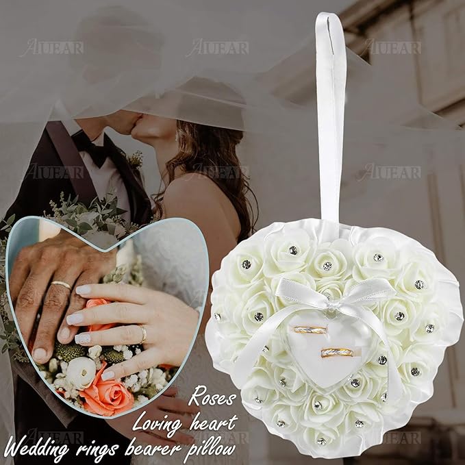 AUEAR, White Wedding Ring Holder Pillow Heart Shape Lace Rose Flower Rhinestone Crystal Box for Ceremony