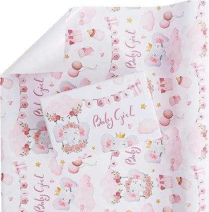 Aimyoo Pink Baby Shower Wrapping Paper Roll - 17 Inch X 32.8 Feet - Cute Elephant with Baby Girl Letter Design Perfect for Girls, Birthday, Party