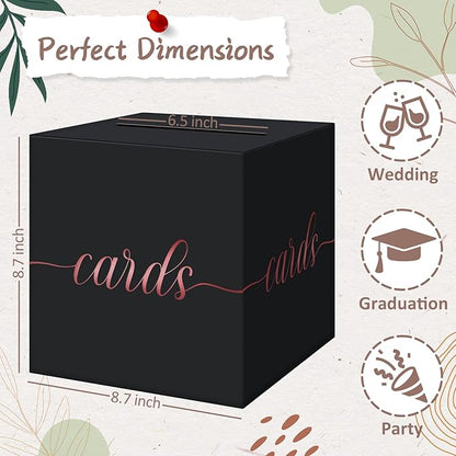 QIKSION Black Wedding Card Box, Rose Gold Foil Gift Card Box for Party, Wedding Reception, Graduation, Birthday, Baby Shower, Raffle