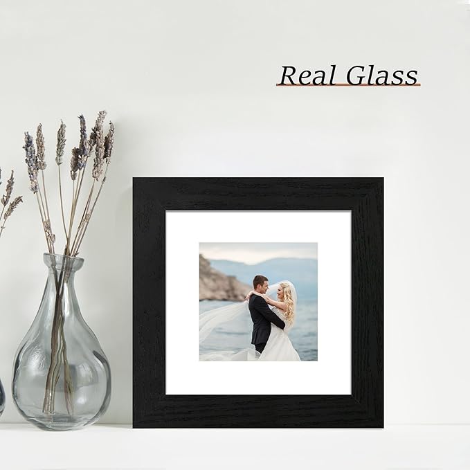 6x6 Picture Frame Set of 4 with High Definition Glass, Black Frames Display 4x4 Picture with Mat or 6 x 6 Without Mat, Square Wood Photo Frame for Wall Mount and Tabletop Display