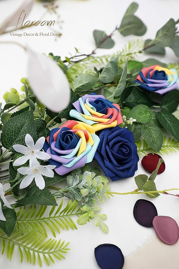 Floroom Artificial Flowers 25pcs Real Looking Whimsical Blue Foam Fake Roses with Stems for DIY Wedding Bouquets Baby Shower Centerpieces Floral Arrangements Party Tables Home Decorations