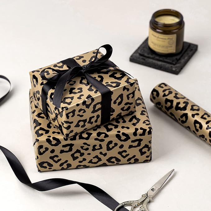 WRAPAHOLIC Reversible Leopard Wrapping Paper - Mini Roll - 17 Inch X 33 Feet - Leopard Print with Metallic Foil Shine and Stripe Design for Birthday, Holiday, Baby Shower