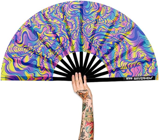 UV Glow Rave Fan, Bamboo Folding Clack Hand Fans Foldable for Men Women, Boots on the Ground Poping Fan for EDM Festival Line Dance Decoration, (Waves-2, Medium 11")