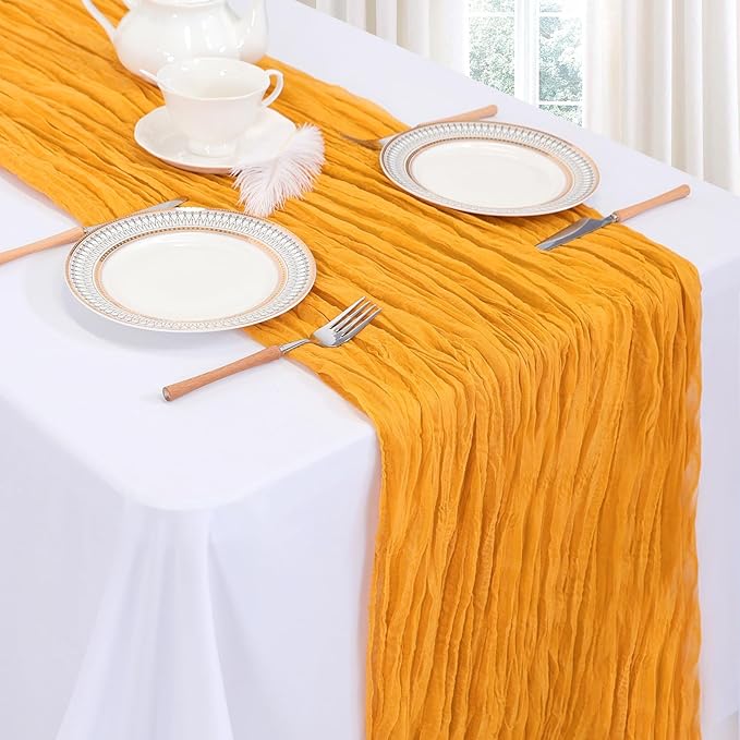 6 Pack Gold Cheesecloth Table Runner 10ft Boho Gauze Fabric Cheese Cloth Table Runner 35 x 120 Inch Rustic Sheer Runner for Romantic Wedding Decor Baby Shower Party Table Centerpiece Decoration