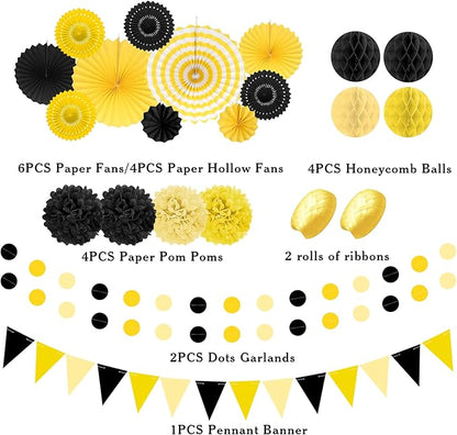 Black and Yellow Party Decorations, 23Pcs Hanging Paper Fans Birthday Decorations with Black Pom Poms Flowers for Boy Birthday, Bridal Shower, Baby Showers, Wedding