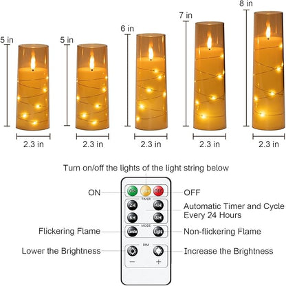 Raycare Flameless Candle with Remote Timer – 5 Flickering Acrylic Battery Operated LED Pillar Candles with Embedded Star String for Halloween, Home Decor, and as a Gift(Glod)