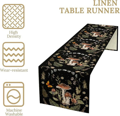 Mushroom Kitchen Table Runner, Boho Vintage Wild Flower Gothic Witchy Moonlit Forest Plant Table Runner for Bedroom Living Room Kitchen Dinner Table, 13x90 Inch