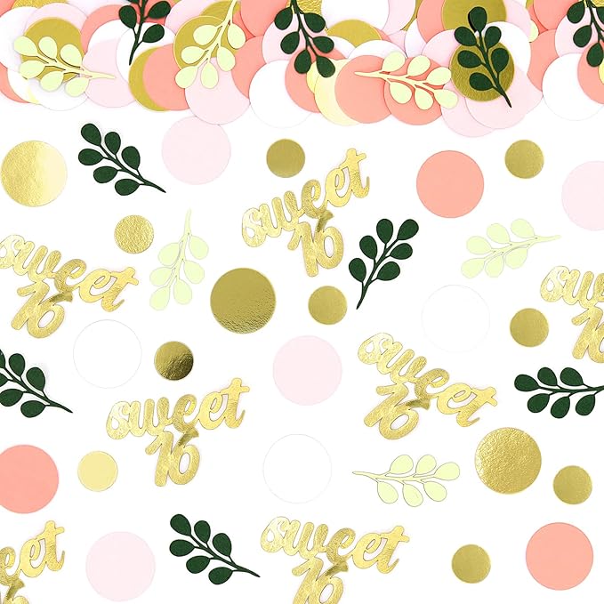 300PC Pink and Sage Green Sweet 16 Party Decorations for Girls 16th Birthday Confetti Sweet 16 Table Decorations Dots Eucalyptus Scatters for Sixteen Birthday Party Decor Supplies