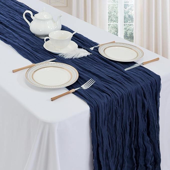 12 Pack Navy Blue Cheesecloth Table Runner 10ft Boho Gauze Fabric Cheese Cloth Table Runner 35 x 120 Inch Rustic Sheer Runner for Romantic Wedding Decor Baby Shower Party Table Centerpiece Decoration