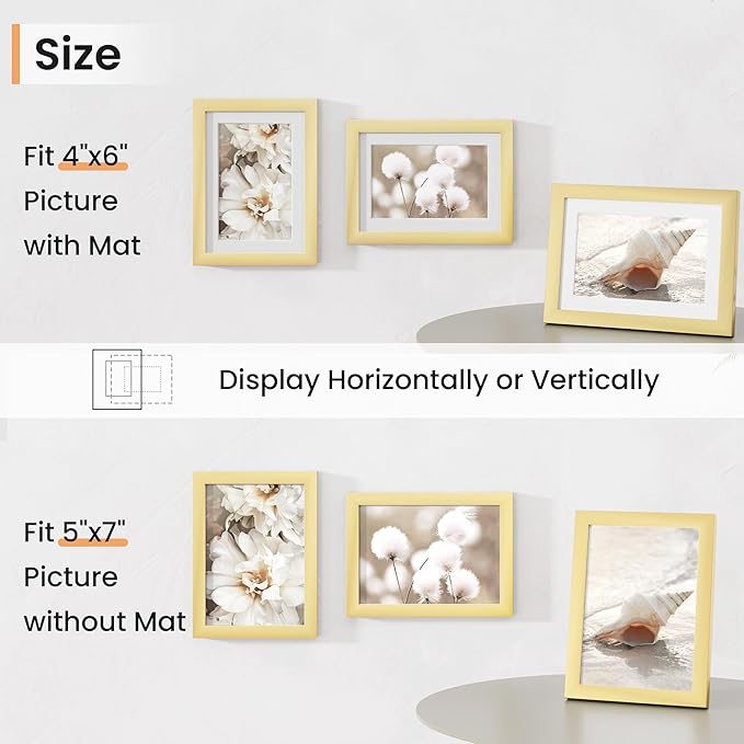 5x7 inch Picture Frame, 5x7 Photo Frames with 4x6 Removable Mat - High Definition Plexiglass - Vertical and Horizontal Display - Wall Hanging Frame - Gold, 5 Pack