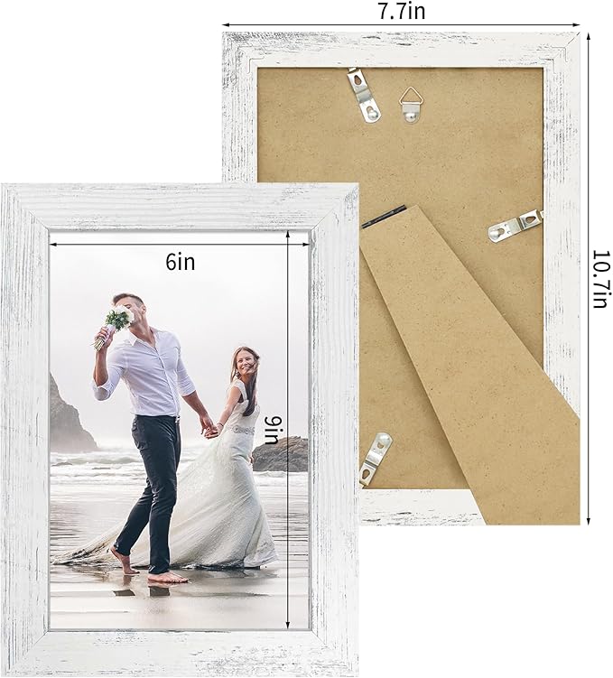 6x9 Picture Frame Set of 4, High Definition Glass Distressed White Frame, 6 x 9 Wood Photo Frames for Horizontal or Vertical Tabletop Display and Wall Mounting