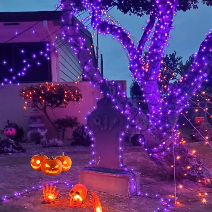 YEGUO 66ft 200 LED Purple Halloween Lights Outdoor Waterproof, Green Wire Christmas String Lights Indoor, 8 Modes Twinkle Tree Lights Plug in with Timer Memory