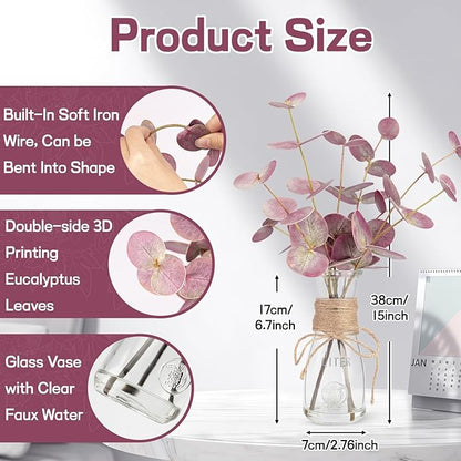 Artificial Eucalyptus Stems in Glass Vase with Faux Water, 15" Small Bathroom Greenery with Double-Sided Red Leaves, Farmhouse Office Decor, Realistic Fake Plant Wedding Centerpiece