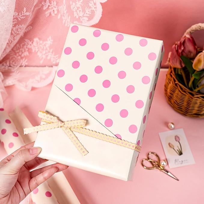 Burymento Pink and Beige Dots Wrapping Paper, Reversible Pink Gift Wrap for Birthday, Valentines, Mothers day, Graduation, Wedding, Fathers day, Baby Shower, Christmas (17in x 32.8ft)